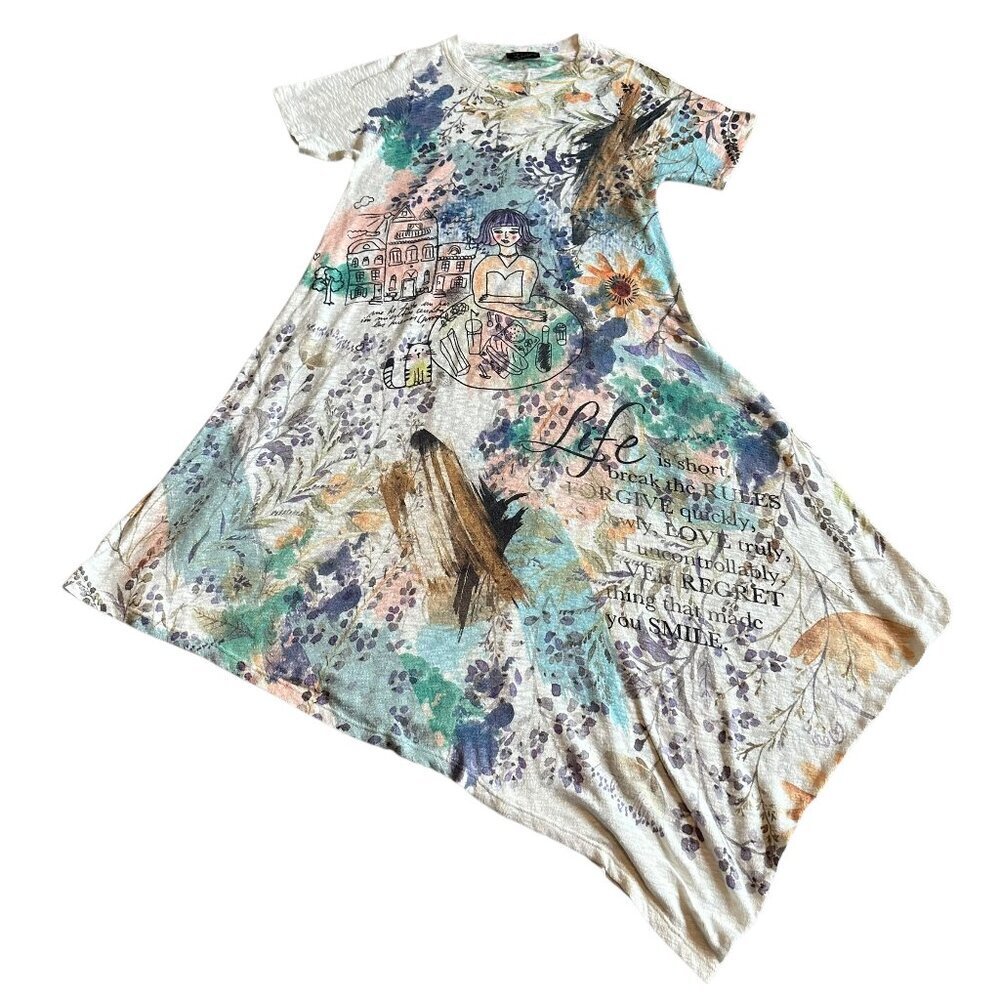 Inoah Short Sleeve Asymmetrical Dress Whimsical Girl Lady Print Size Small Women